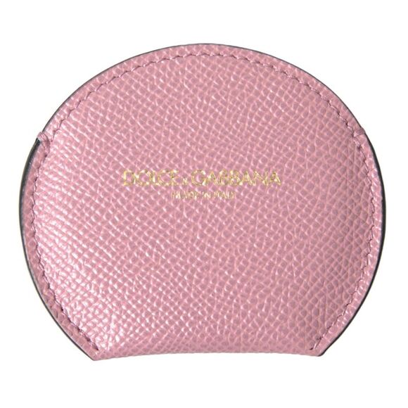Dolce & Gabbana Pink Calfskin Leather Round Logo Print Hand Mirror Women's